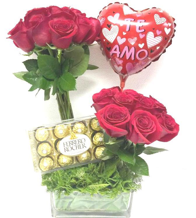 Florero 24 Rosas, Bombones Ferrero Rocher 150 gramos y Globito